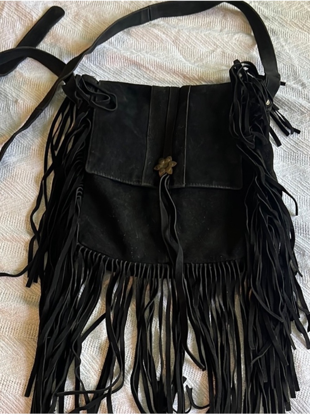 Vintage Black Suede Fringe Crossbody Bag with Floral Snap